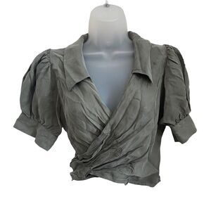 R.G. Kane Small Wrap Top Blouse Army Green Cupro Puff Sleeve Shirt